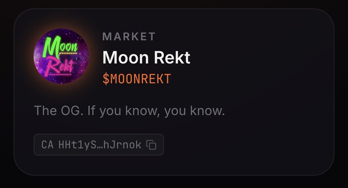 A market listing for the token 'Moon Rekt' ($MOONREKT) described as 'The OG. If you know, you know,' with a purple logo and contract address HHt1yS...hJrnok.