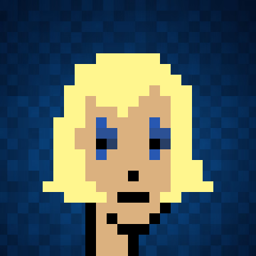 A pixel art portrait of a blonde character with blue eyes and a small mustache against a blue checkered background.