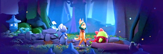 The image features a cartoon scene with three cartoon characters - an orange fox, a white dog, and a red cat. The fox is walking towards the camera while the other two characters are following behind. They appear to be exploring a forest or garden setting together.