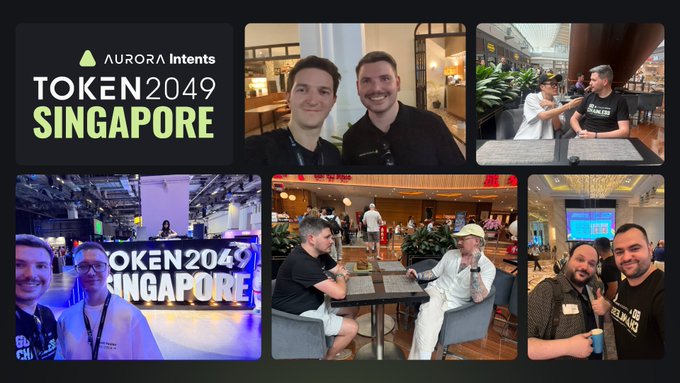A collage of photos from the AURORA Intents TOKEN2049 Singapore conference, showing attendees in various networking settings and panels, with branding visible in multiple frames.