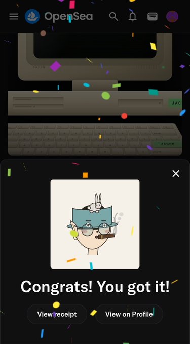 A mobile screenshot of the OpenSea app displaying a celebration message 'Congrats! You got it!' with a cartoon character on a receipt, surrounded by colorful confetti.