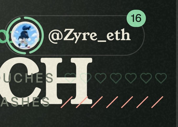 The image shows a user profile banner for "@Zyre_eth" (rank 16) with a display name "UCHES ASHES" overlaid, along with a progress bar of 6/10 hearts and 7 slash indicators, visually representing the 7 slashes the user mentions in their post about having negative karma and the ability to slash others at @commonsmade.