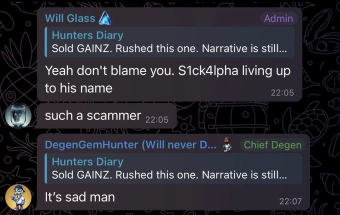 A Discord chat screenshot where user 'Will Glass' shares about 'Hunters Diary - Sold GAINZ', with replies calling someone 'such a scammer' and 'It's sad man'.