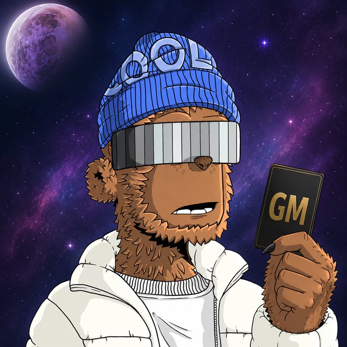 A digital illustration of a brown furry character wearing a blue "COOL" beanie and futuristic silver visor, holding a black card that reads "GM" against a cosmic background with a purple moon.