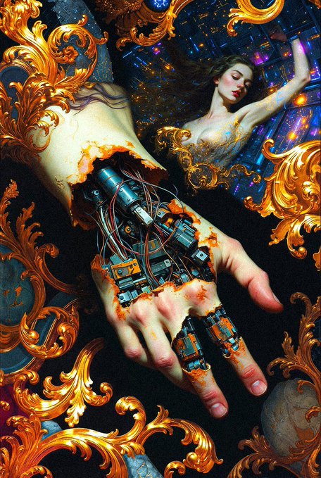 A highly detailed digital artwork combining classical baroque golden ornaments and a floating woman with a mechanical, cybernetic hand against a cosmic background.