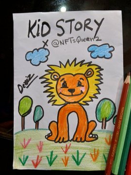 A child's hand-drawn artwork titled "KID STORY" signed "@NFTsQueenZ," featuring a smiling cartoon lion surrounded by trees, clouds, and grass on white paper, with colored pencils resting beside it.