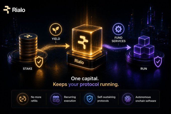 A promotional graphic for 'Rialo' titled 'One capital. Keeps your protocol running,' illustrating a flow from 'STAKE' to 'YIELD' to 'FUND SERVICES' to 'RUN' with features like recurring execution and autonomous onchain software.