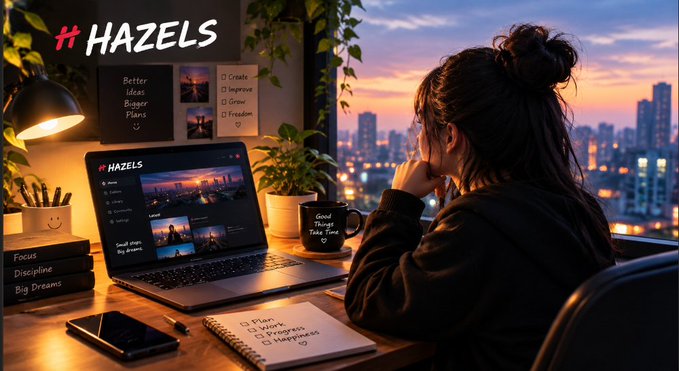 A woman with her hair in a bun sitting at a desk looking at a laptop displaying 'HAZELS' branding, with a city skyline visible through the window at sunset and a notebook showing 'Plan, Action, Happiness'.