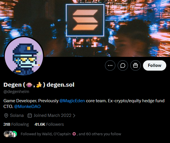 A Twitter profile screenshot for 'Degen (💖, 🐱) degen.sol' (@degenheim), a Game Developer and former Magic Eden core team member, showing 41.6K followers and a pixel-art avatar.