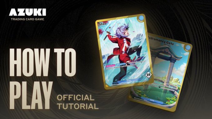 The image features a poster for Azuki TCG cards, which are trading cards featuring characters from Japanese anime series. The poster includes instructions on how to play with these cards, suggesting that they can be used as part of an official tutorial or guide for those interested in playing the game.
