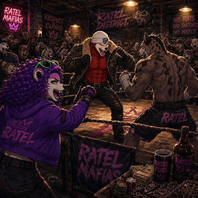 An edgy digital illustration of anthropomorphic animal characters in a gritty underground fighting ring, with banners reading 'Ratel Mafias', 'Respect Earned', 'Ratel District', and 'No Rats No Snitches No Mercy'.