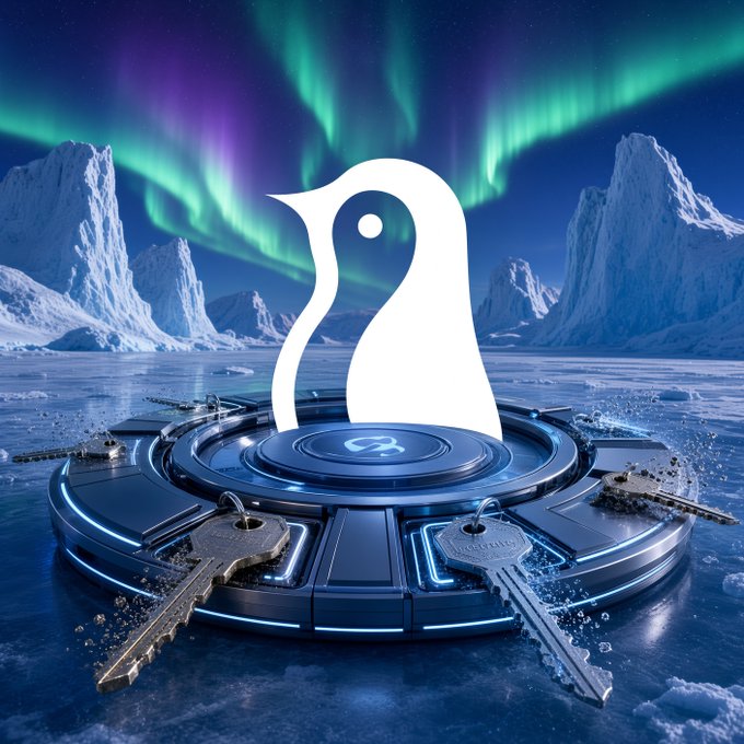 An artistic digital rendering showing a white penguin-like logo standing on a circular metallic platform surrounded by keys, set against a backdrop of icy mountains and the aurora borealis.