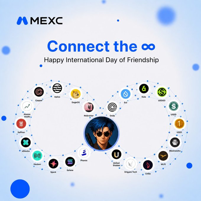 A MEXC promotional graphic titled 'Connect the ∞ Happy International Day of Friendship' displays a heart-shaped network of cryptocurrency logos including DogeOS, Solana, Ondo, and Sui.