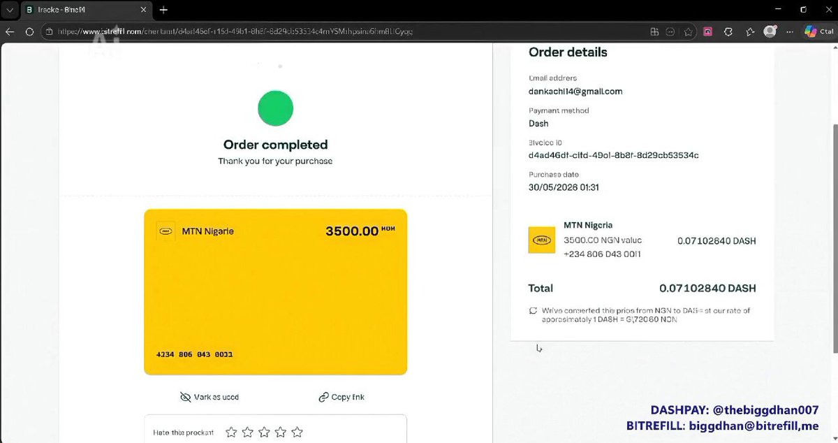 The image shows a computer screen displaying an online shopping page for a product, likely a yellow item such as a card or gift certificate. The website has a green checkmark symbolizing that the order has been completed successfully. A message on the screen reads "Guys I Finally Spent some $DASH on Bitrefill today !!! I must say @Dashpay x @bitrefill are a match made in heaven ... I was low on airtime and normally I would have needed to offramp to Naira first. But living with crypto is now a thing." The image also includes a link to the BitRefill website, which could be used by the user for future purchases or transactions.