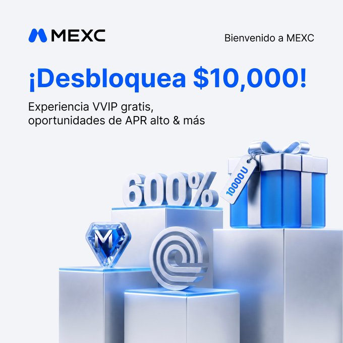 A Spanish-language MEXC cryptocurrency exchange advertisement reading '¡Desbloquea $10,000!' and 'Bienvenido a MEXC', featuring '600% APR' text, a gift box, and MEXC token graphics.