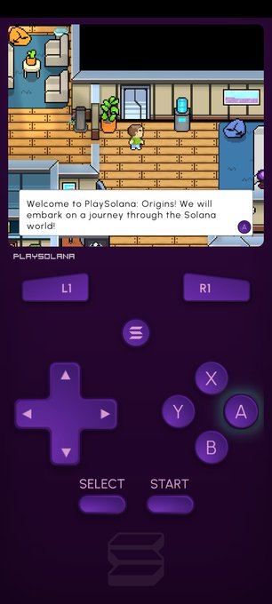 A mobile device screen displaying a retro game emulator running a pixel-art RPG with on-screen controls, showing the text 'Welcome to PlaySolana Origins! We will embark on a journey through the Solana world!'