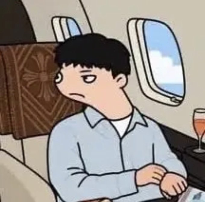 An animated black-haired man sits by an airplane window with a bored or uneasy expression, wearing a light blue shirt.