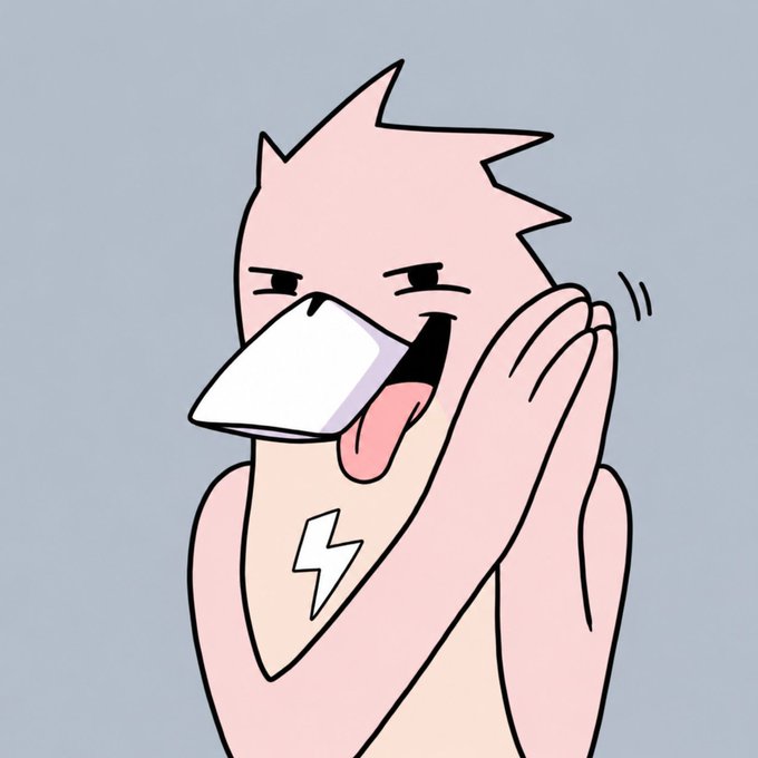 An anime-style illustration of a spiky-haired pink character licking a white envelope with their tongue out, with motion lines suggesting licking sounds.