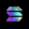 A stylized letter "S" with a holographic gradient in purple, green, and gold against a black background.