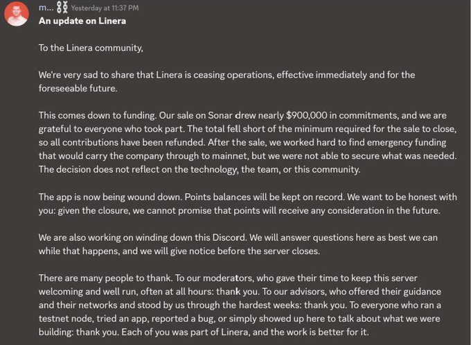 A Discord message from 'm...' announcing that Linera is ceasing operations due to funding issues, mentioning a failed Sonar sale of nearly $900,000 in commitments and the winding down of the app and Discord.