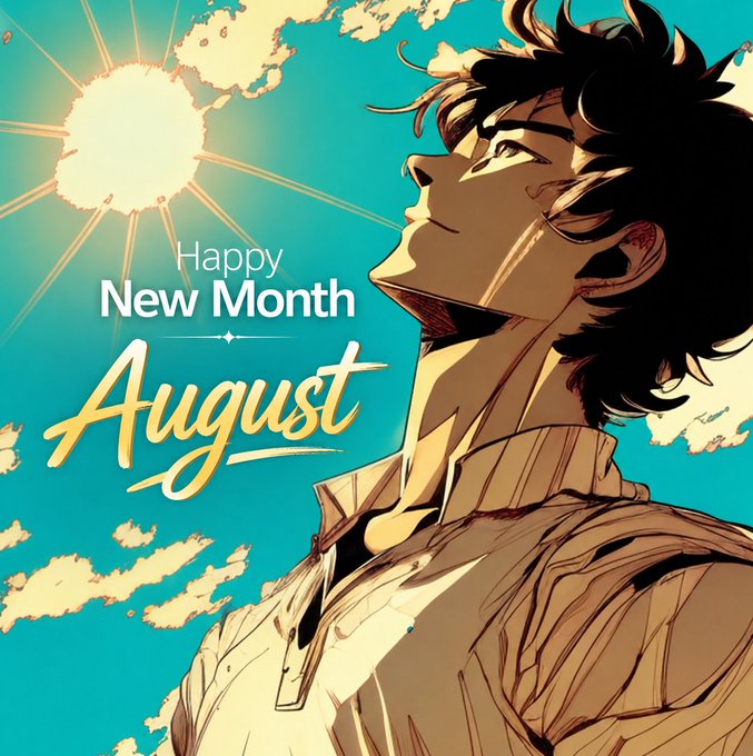 An anime-style illustration of a young man looking up at a bright sun with the celebratory text 'Happy New Month August' overlaid.