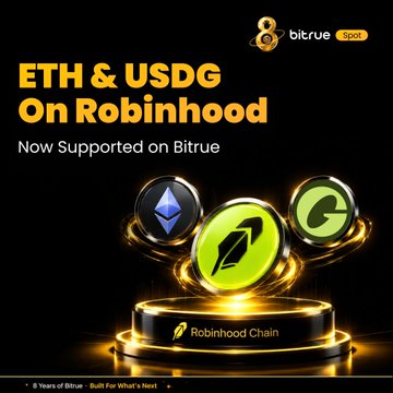 A Bitrue advertisement announcing the support of ETH and USDG deposits on Robinhood Chain, prominently featuring the Ethereum and USDC logos displayed on a glowing "Robinhood Chain" pedestal, aligning with the post's message about expanding access to the Robinhood ecosystem and offering trading rewards for tokens like $PONS, $CASHCAT, $AINVDA, and $PIPEDOG.