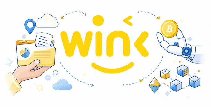 A hand holding a folder of data and a robotic hand holding a Bitcoin coin flank the yellow "WINk" logo, surrounded by cloud, location, and blockchain icons representing the oracle network. The imagery visually reinforces the post's message about WINkLink's reliable oracle services maintaining 100% uptime through crypto market volatility.