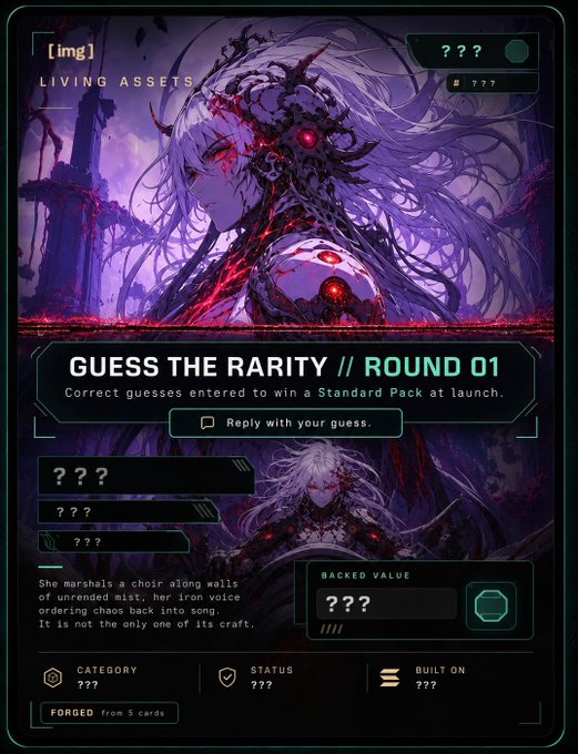 A digital trading card titled 'Living Assets' features a dark fantasy character and asks players to 'GUESS THE RARITY // ROUND 01' to win a Standard Pack, with stats like Backed Value and Category hidden by '???' placeholders.
