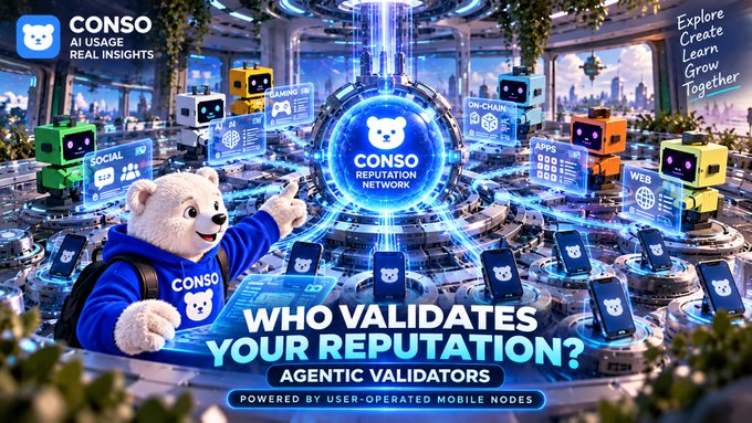 The image depicts a futuristic scene featuring the CONSO brand, centered around a glowing "CONSO Reputation Network" hub with an anthropomorphic bear mascot and text reading "WHO VALIDATES YOUR REPUTATION? AGENTIC VALIDATORS POWERED BY USER-OPERATED MOBILE NODES," along with sidebars labeled "AI USAGE REAL INSIGHTS," "Explore Create Learn Grow Together," and various categories like Gaming, Social, On-Chain, Apps, and Web—directly illustrating the post's topic of CONSO's agentic validators and mobile nodes powering their reputation network architecture.