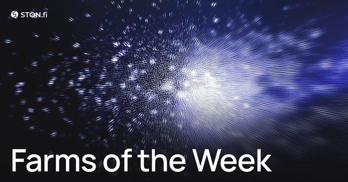 STQN.fi promotional graphic titled 'Farms of the Week' set against a dark blue space-like background with light particles bursting outward.