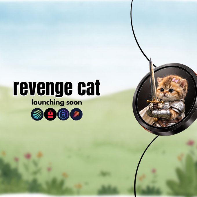 A promotional graphic for 'revenge cat' featuring a fluffy orange kitten dressed as a knight holding a sword inside a circular frame, with the text 'launching soon' and several crypto/blockchain icons.