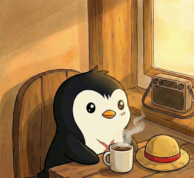 A cozy anime-style illustration of a cute penguin sitting at a wooden table holding a steaming cup of coffee next to a straw hat, with a vintage radio in the background.