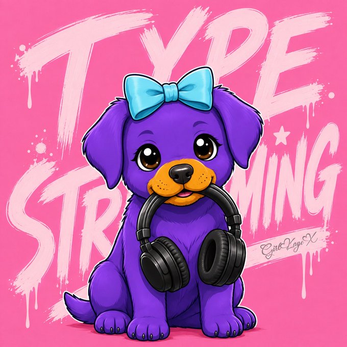 An illustrated cartoon of a purple puppy wearing a blue bow and black headphones, with 'TYPE STREAMING' written in graffiti-style pink text on the background.