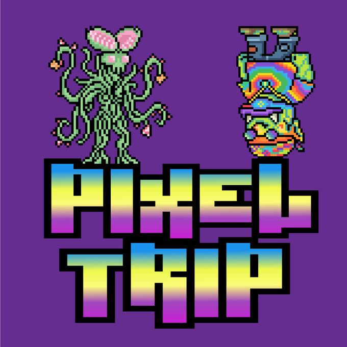 A pixel art logo design for 'PIXEL TRIP' featuring colorful characters including a green alien-like creature with a pink flower and a rainbow circuit-like robot on a purple background.
