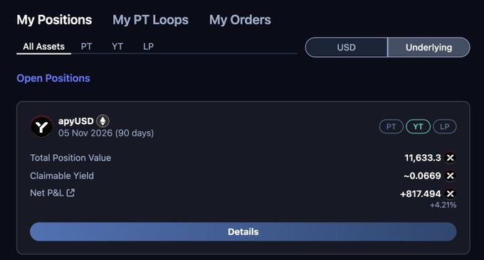 A cryptocurrency position dashboard showing an 'apyUSD' position with a Total Position Value of 11,633.3, a Claimable Yield of -0.0669, and a Net P&L of +817.494 (+4.21%).