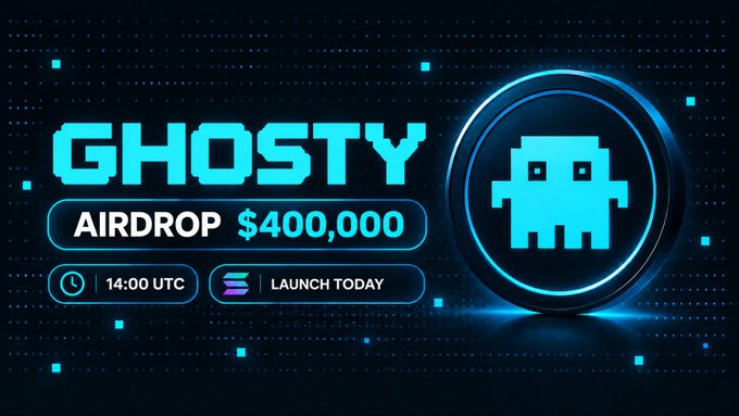 A futuristic neon-blue promotional graphic announces the "GHOSTY" airdrop with "$400,000" prize pool, featuring a pixelated ghost character mascot in a circular frame alongside a "14:00 UTC" timer and "LAUNCH TODAY" badge, matching the post's announcement of the $GHOSTY token launching at that exact time on Solana.