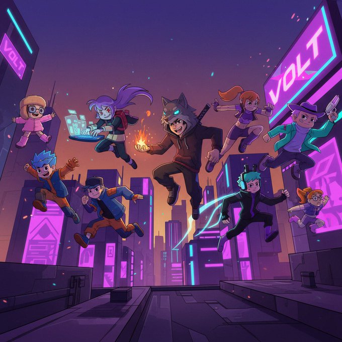 An animated illustration shows a group of stylized characters leaping dynamically through a neon-lit cyberpunk cityscape, with 'VOLT' signage glowing in pink and purple tones in the background.