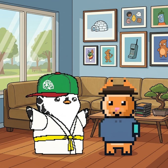 A cartoon-style illustration featuring a pixel-art penguin character in a green cap and karate gi standing next to a pixel-art orange fox character in a blue shirt and orange hat, set in a living room decorated with framed crypto/NFT art including BAYC and Pudgy Penguins.