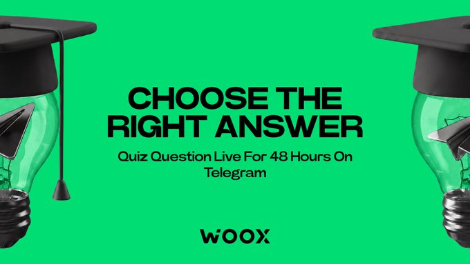 A bright green promotional banner features two light bulbs wearing black graduation caps on either side, with bold text reading "CHOOSE THE RIGHT ANSWER" and "Quiz Question Live For 48 Hours On Telegram," along with the WOOX logo at the bottom. The image visually reinforces the post's call to action, using graduation caps to symbolize knowledge and the "right answer" text mirroring the quiz challenge's prompt to select the correct multiple-choice option within 48 hours.