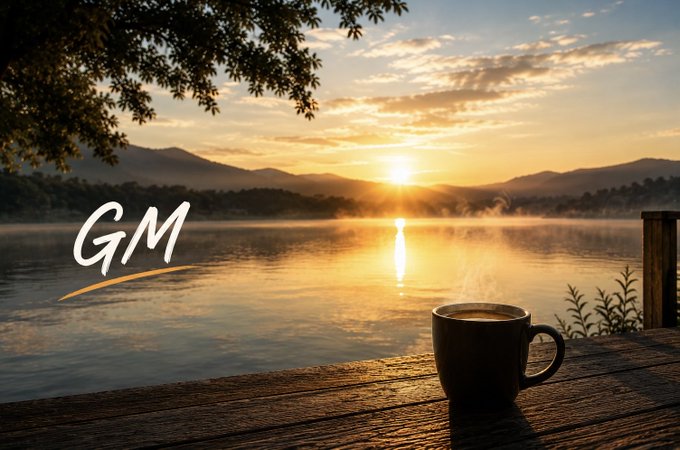 A serene sunrise over a misty lake with mountains in the background, featuring a steaming coffee mug on a wooden deck and the text "GM" in white script.