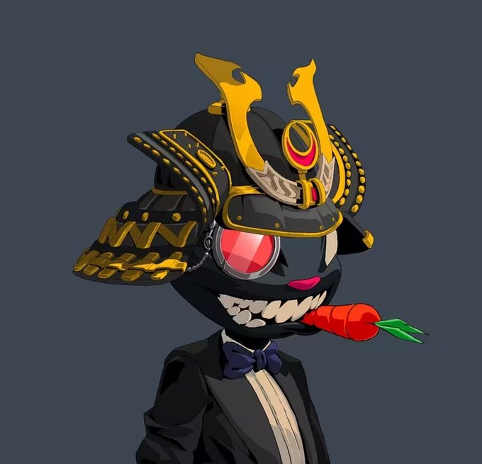 A digital illustration of a stylized, menacing black samurai helmet with gold accents, a single red glowing eye, sharp teeth, and a red chili pepper in its mouth, dressed in a black tuxedo with a purple bow tie.