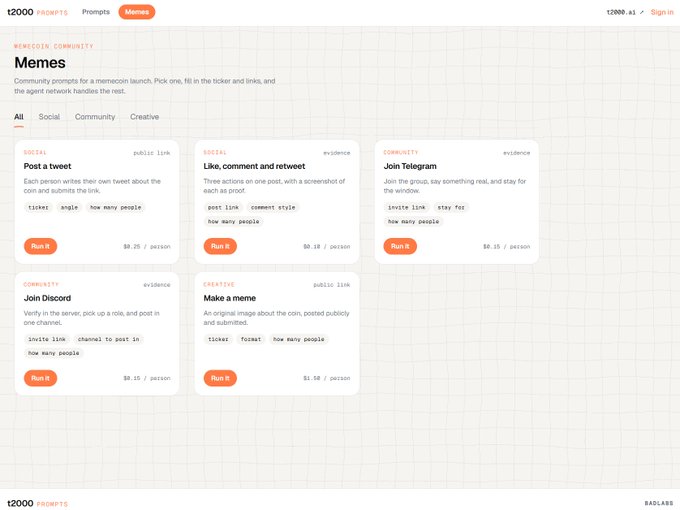 A webpage from t2e00 PROMPTS showing the 'Memes' section with various meme submission tasks like 'Post a tweet', 'Like, comment and retweet', 'Join Telegram', 'Join Discord', and 'Make a meme', each with a 'Run it' button and per-person pricing.