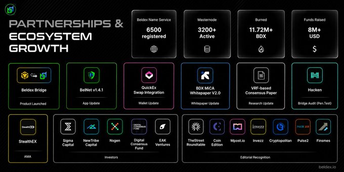A Beldex partnership and ecosystem infographic showing 6500 registered name services, 3200+ masternodes active, 11.72M+ BDX burned, and 8M+ USD raised.