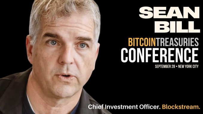 A promotional graphic for the Bitcoin Treasuries Conference on September 28 in New York City, featuring Sean Bill, Chief Investment Officer at Blockstream.