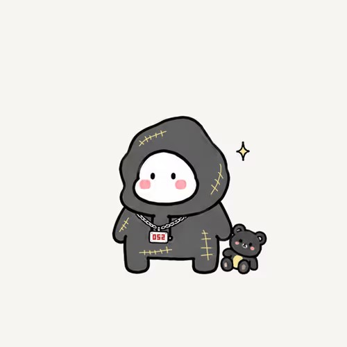 A cute cartoon character wearing a black stitched hoodie with a "052" tag stands next to a small dark teddy bear with glowing red eyes, with a sparkle beside it. The image represents Gloob #9308, an NFT that sold for 0.048 WETH, featuring the character's hooded outfit and stitched design as key visual traits.