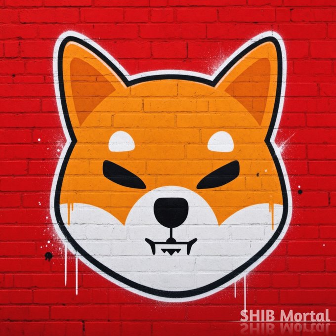A stylized Shiba Inu dog head is painted as graffiti on a red brick wall, with the text "$SHIB Mortal" in the bottom right corner. The bold orange and white dog mascot visually embodies the post's reference to $SHIB as the "people's chaos coin" led by its dedicated community "army."