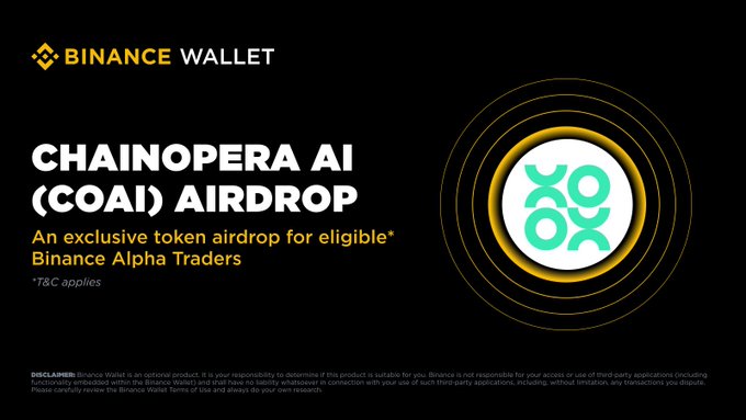 A promotional graphic for a 'CHAINOPERA AI (COAI) AIRDROP' from Binance Wallet, advertised as an exclusive token airdrop for eligible Binance Alpha Traders.