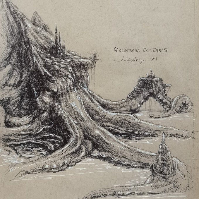 A pen and ink fantasy illustration titled 'MOUNTAIN OCTOPUS' by J. St Ange '21, depicting a massive octopus emerging from the sea with castle-like structures on its tentacles.