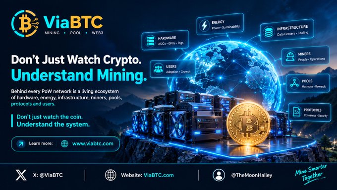 A digital advertisement for ViaBTC with the text 'Don't Just Watch Crypto. Understand Mining.' showing a crypto mining rig, a golden Bitcoin, and a futuristic globe with ecosystem components.