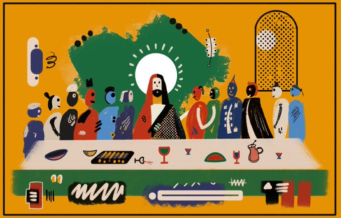 A vibrant, abstract illustration depicting a stylized rendition of The Last Supper, featuring figures with colorful, blocky heads gathered around a table with simple food items and a central glowing sun.